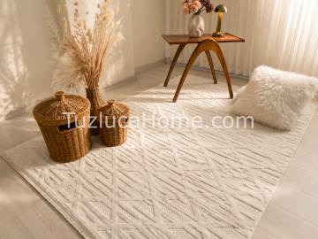 Tuzluca Home Art Çamaşır Makinasında Yıkanabilir Özel Ölçü İnce Dokuma Makina Halısı Krem