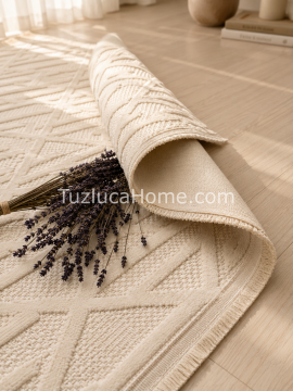 Tuzluca Home Art Çamaşır Makinasında Yıkanabilir Özel Ölçü İnce Dokuma Makina Halısı Krem