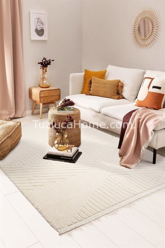 Tuzluca Home Leo Peluş Dokulu Makine Halısı Özel Ölçülü 01 Krem